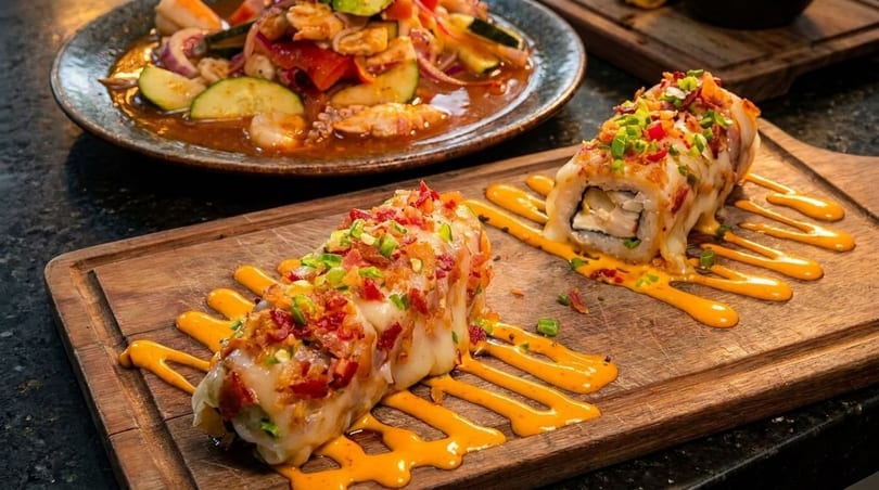 Two sushi rolls topped with bacon and green onions, drizzled with orange sauce, beside a ceviche dish.