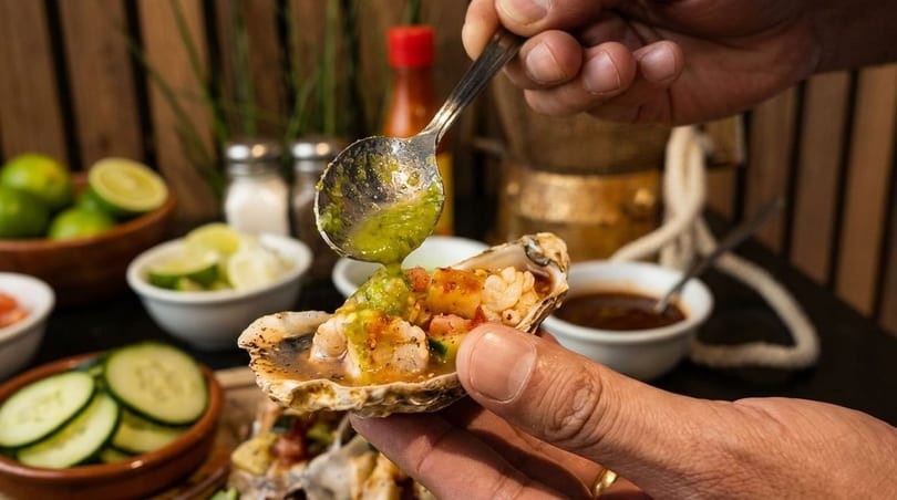 A hand holds an oyster shell filled with seafood and salsa, drizzling green sauce.