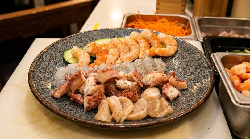 A plate of seasoned shrimp, octopus, and scallops with cucumber slices on a counter.