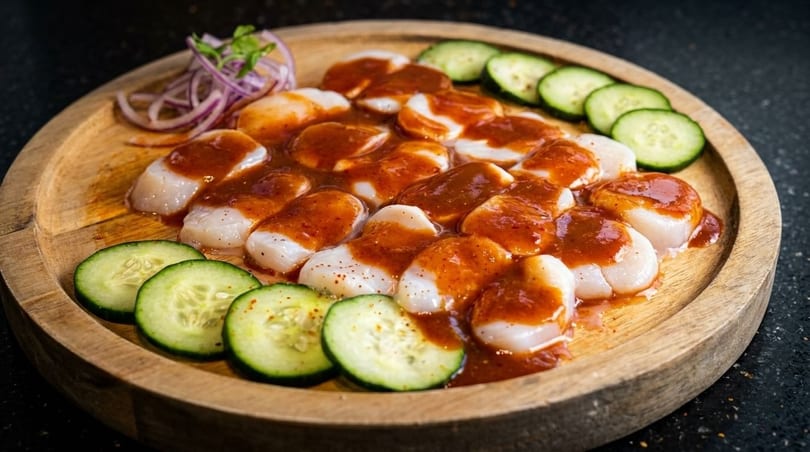 Scallops with red sauce, garnished with cucumber slices and red onion on a wooden plate.